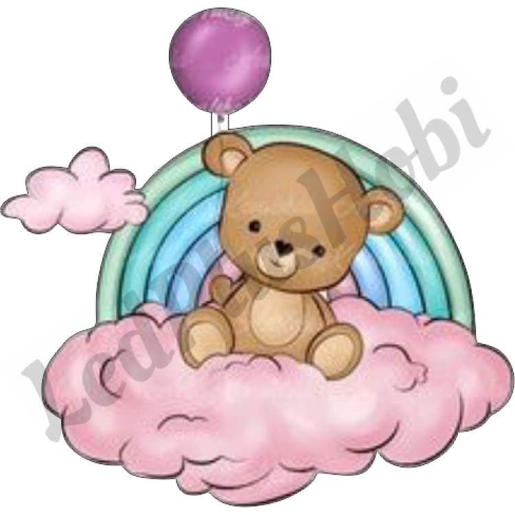 Bulut Üstünde Balonlu Ayıcık Gökkuşağı Ahşap Figür