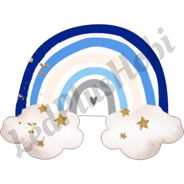 Kalpli Bulutlu Yıldızlı Mavi Puantiyeli Gökkuşağı Ahşap Figür