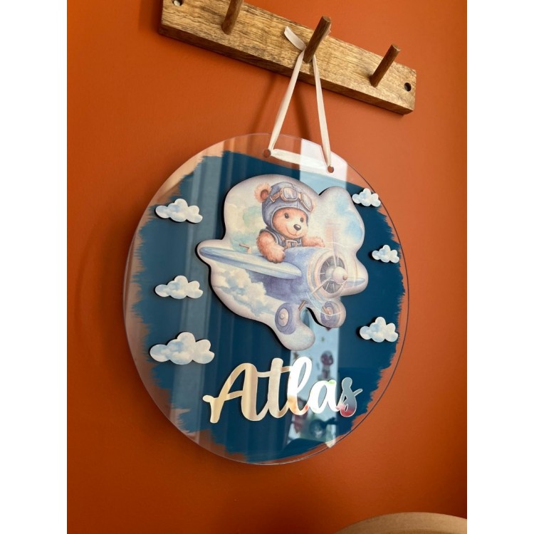 Uçaklı Ayıcık Temalı Pleksi Kapı/Duvar Süsü